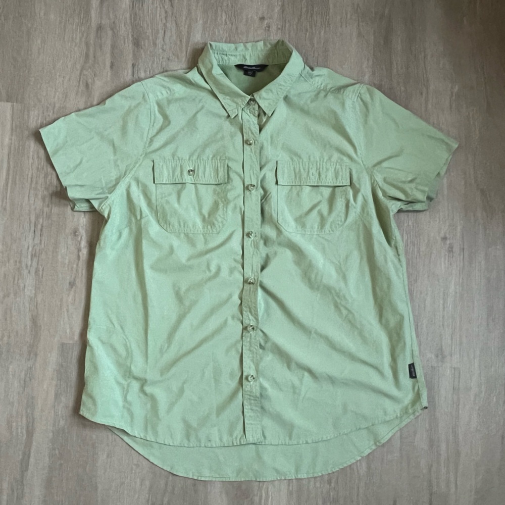 Eddie Bauer Sage Green Camp button down outdoor sports Shirt Lg
